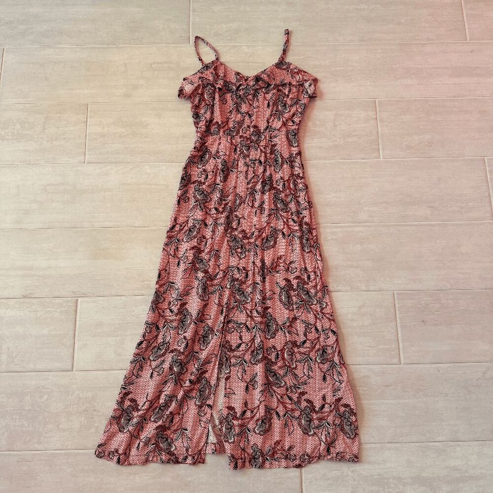 HOPE & HARLOW Bazaar Floral Maxi Dress Size 6 Spaghetti Strap Ruffled Open Slit